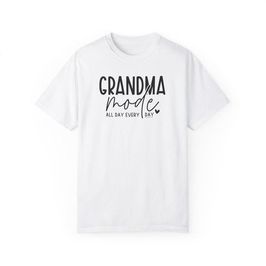 Grandma Mode Tee: A white shirt with black text, made of 100% ring-spun cotton. Relaxed fit, double-needle stitching for durability, and seamless design for comfort. Ideal for daily wear.