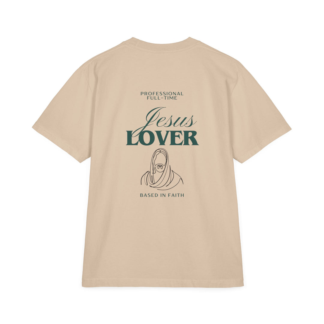 Jesus Lover Tee: A vintage-style, oversized drop-shoulder t-shirt with a relaxed fit, featuring reinforced stitching and a ribbed crew neck for timeless streetwear comfort.