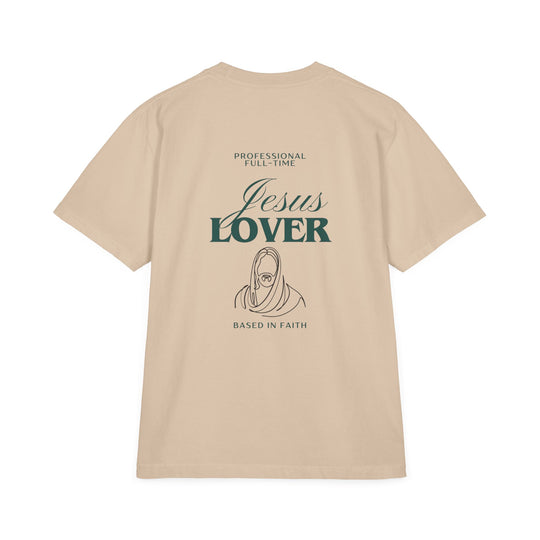 Jesus Lover Tee: A vintage-style, oversized drop-shoulder t-shirt with a relaxed fit, featuring reinforced stitching and a ribbed crew neck for timeless streetwear comfort.