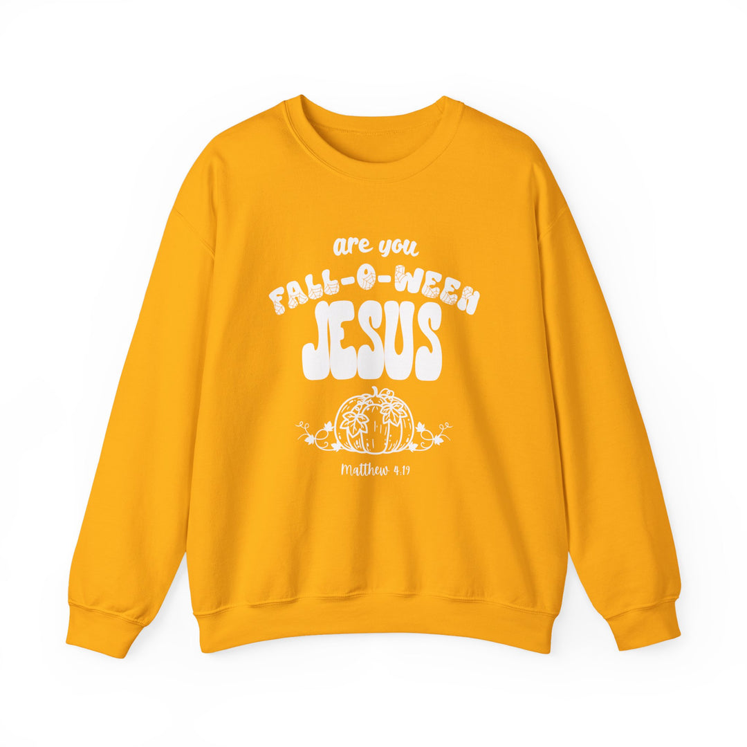 Mustard-yellow crewneck sweatshirt featuring bold white FALL-O-WEEN JESUS text and pumpkin drawing, inspired by Matthew 4:19. Cozy, durable, unisex design.