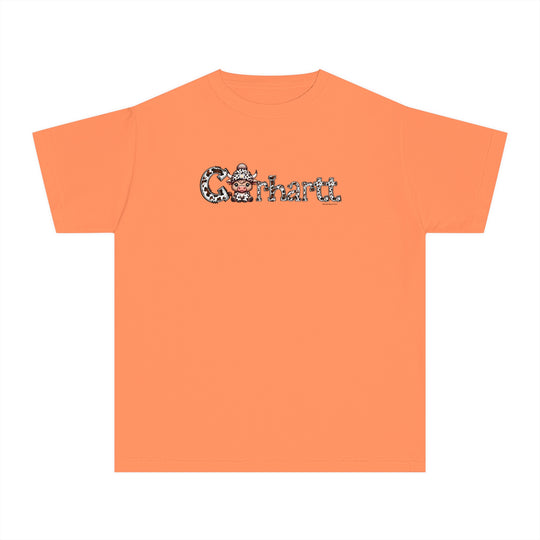 Cowhartt Cow Kids Tee: Orange t-shirt with a cartoon cow wearing a hat and horns. Made of 100% combed ringspun cotton, soft-washed, and garment-dyed for comfort and durability. Ideal for active kids.