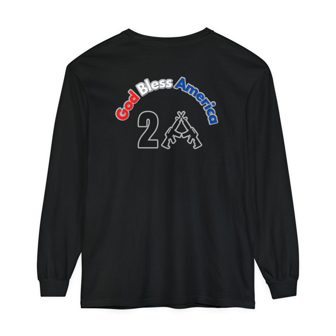 A black long-sleeve tee featuring a logo with guns and patriotic text, embodying the God Bless America 2A Long Sleeve Tee from Worlds Worst Tees. Made of 100% ring-spun cotton for softness and style.