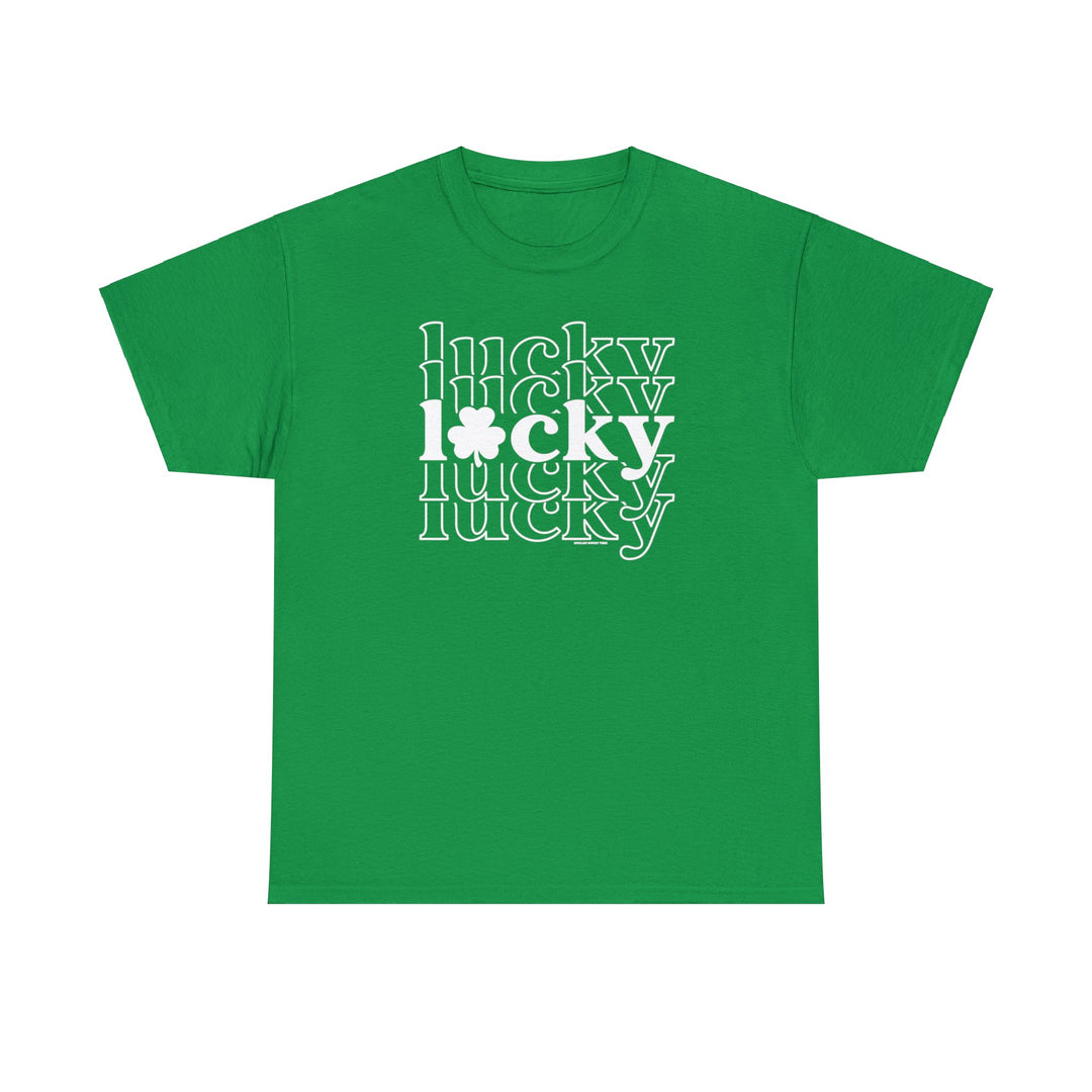 Unisex Lucky Lucky Lucky Tee, a green shirt with white text. Classic fit, 100% cotton, ribbed knit collar, no side seams for comfort. Ideal for casual fashion. From Worlds Worst Tees.