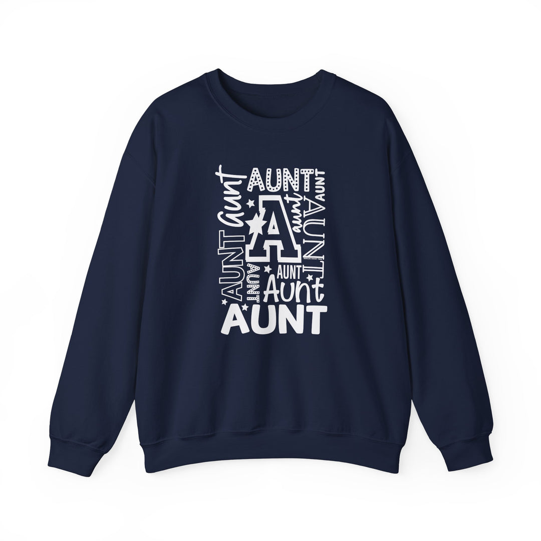 Relaxed fit Aunt Crew sweatshirt in blue with white text. 50% cotton, 50% polyester blend for comfort and style. Medium-heavy fabric, loose fit, true to size. Ideal for effortless cool.