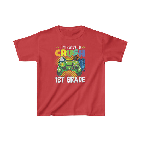 Kids red tee featuring a video game controller design. 100% cotton, light fabric, classic fit. Durable twill tape shoulders, curl-resistant collar. Ideal for printing. Title: I'm Ready to Crush 1st Grade Kids Tee.