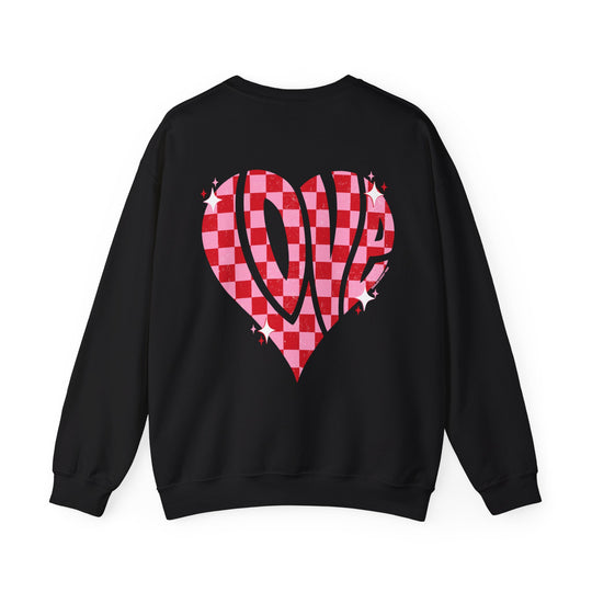 Unisex Love Crew sweatshirt: Black with heart and text. 50% cotton, 50% polyester, ribbed collar, loose fit. Comfortable, medium-heavy fabric. Sewn-in label. Sizes S-5XL.