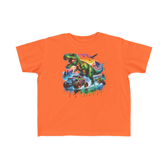 Dino Truck Toddler Tee featuring a vivid T. rex and monster trucks design, perfect for toddlers with soft cotton fabric and durable print.