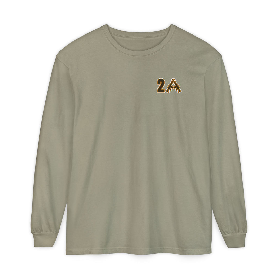 2A Long Sleeve Tee featuring a muted olive color and a 2A graphic with crossed rifles on the chest. Made from soft, 100% ring-spun cotton.