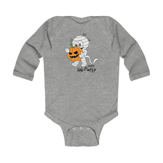 A grey baby bodysuit featuring a cartoon mummy holding a pumpkin, ideal for Halloween. Soft cotton fabric with plastic snaps for easy changing. From Worlds Worst Tees.
