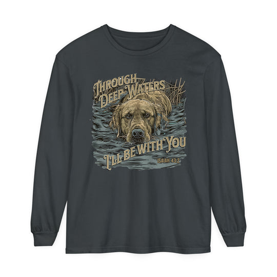 Long-sleeve Through Deep Waters T-Shirt in ring-spun cotton, featuring a dog design. Garment-dyed fabric, relaxed fit for comfort. Perfect for casual wear. From 'Worlds Worst Tees'.
