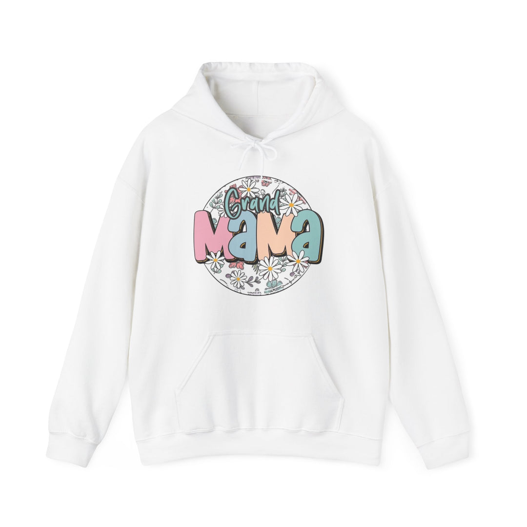A white heavy blend hooded sweatshirt featuring a logo, ideal for cold days. Unisex, cotton-polyester mix with kangaroo pocket and matching drawstring. Sassy Grand Mama Flower Hoodie from Worlds Worst Tees.