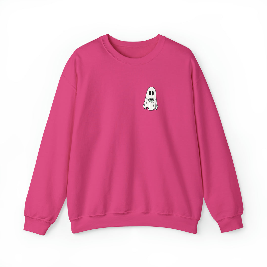 A pink sweatshirt featuring a ghost holding a coffee cup, ideal for comfort in a heavy blend crewneck style. Unisex, 50% cotton, 50% polyester, loose fit, with ribbed knit collar. Sewn-in label, true to size.