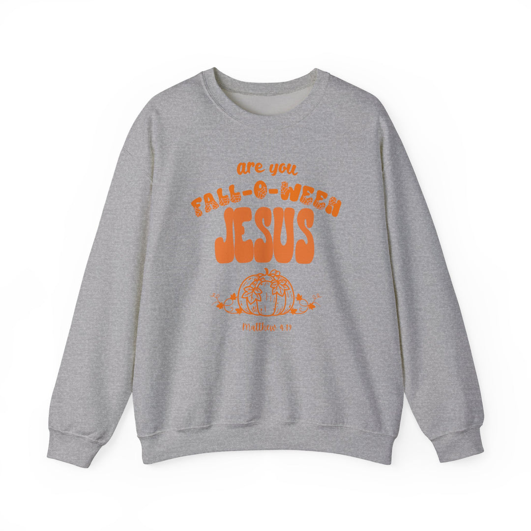 Light-grey sweatshirt with FALL-O-WEEN JESUS text, pumpkin sketch, and Matthew 4:19 reference, perfect for a cozy, humorous fall look.