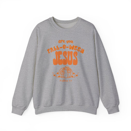 Light-grey sweatshirt with FALL-O-WEEN JESUS text, pumpkin sketch, and Matthew 4:19 reference, perfect for a cozy, humorous fall look.