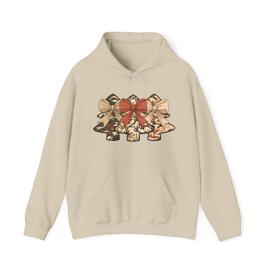 Camo Christmas Tree Hoodie with three camo-patterned trees and festive bows on the chest, featuring a kangaroo pocket and drawstring hood for a cozy fit.