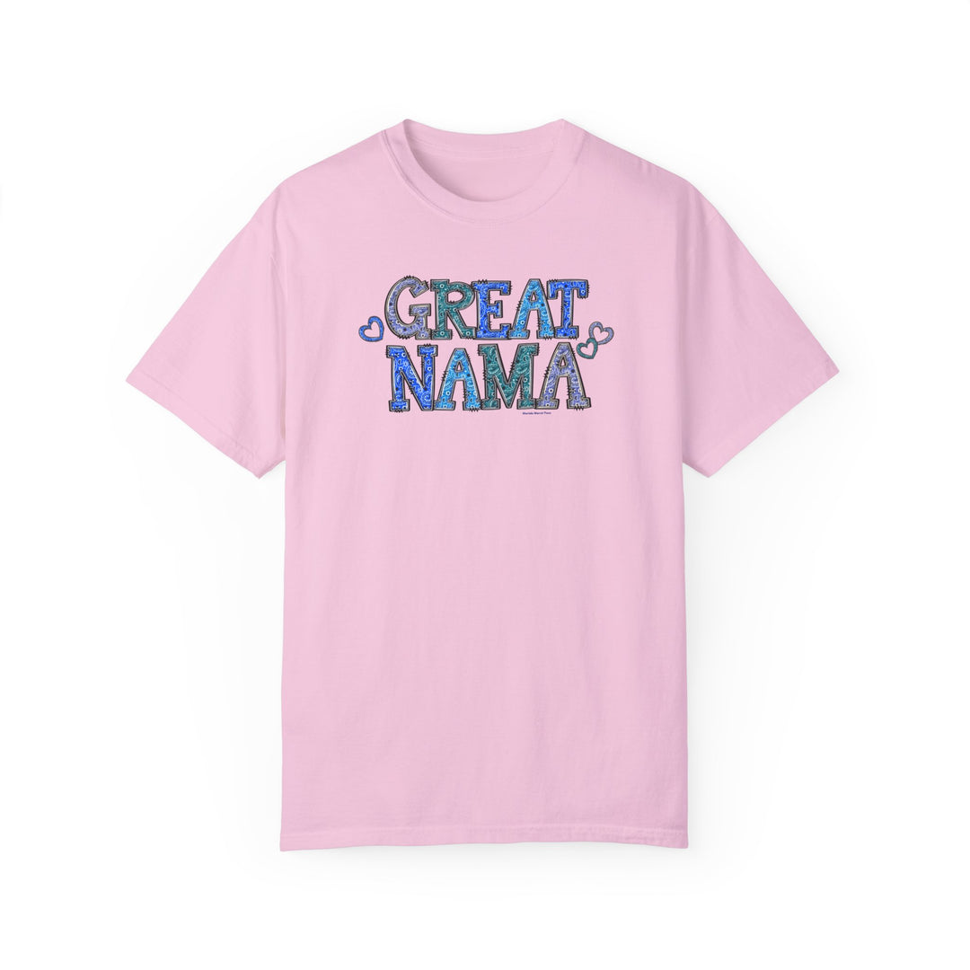A relaxed fit Great Nama Tee in pink with blue text. 100% ring-spun cotton, garment-dyed for coziness. Double-needle stitching for durability, no side-seams for shape retention. Ideal for daily wear.