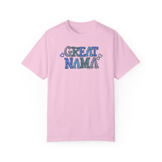 A relaxed fit Great Nama Tee in pink with blue text. 100% ring-spun cotton, garment-dyed for coziness. Double-needle stitching for durability, no side-seams for shape retention. Ideal for daily wear.