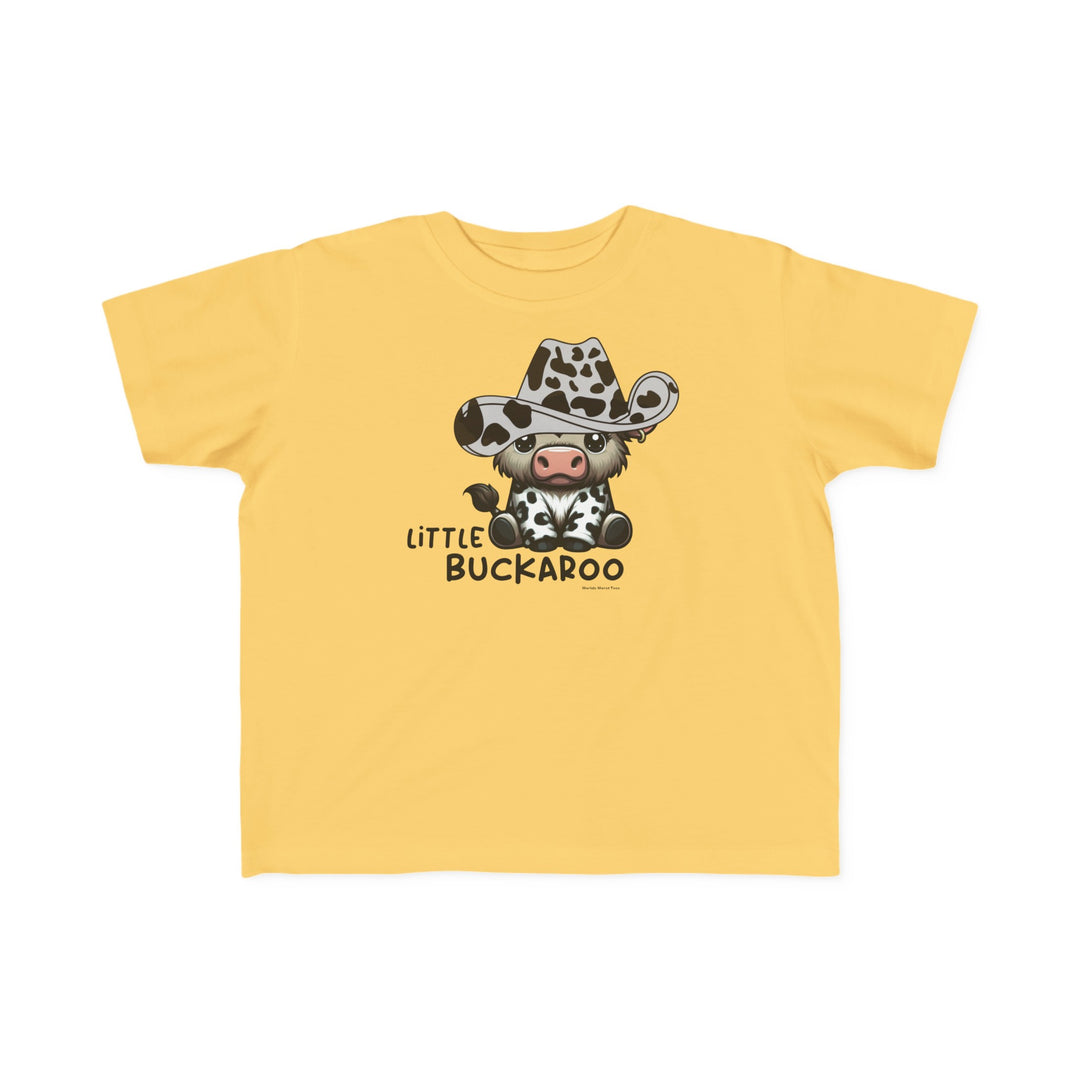 Buckaroo Toddler Tee: A yellow shirt featuring a cartoon cow in a cowboy hat. Soft 100% combed ringspun cotton, tear-away label, and classic fit for toddlers. Perfect for sensitive skin.