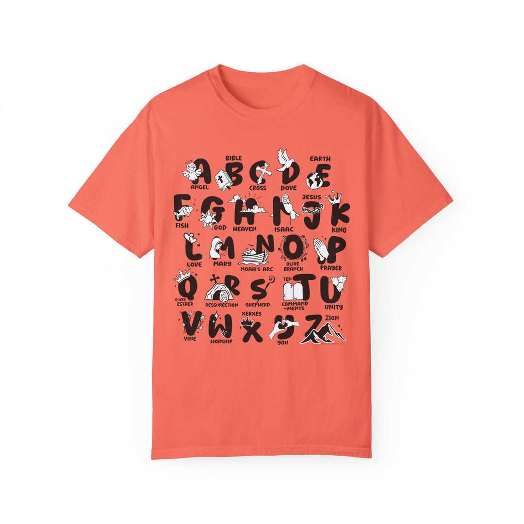 A Bible Alphabet Tee, red shirt with black letters, 100% ring-spun cotton, medium weight, relaxed fit, durable double-needle stitching, seamless design for comfort.