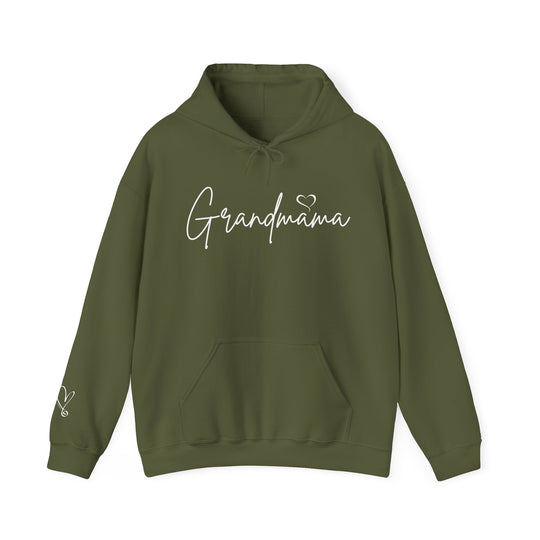 A green Grandmama Hoodie sweatshirt with white text, featuring a hood and kangaroo pocket. Made of 50% cotton, 50% polyester blend for comfort and warmth. Classic fit, tear-away label, medium-heavy fabric.