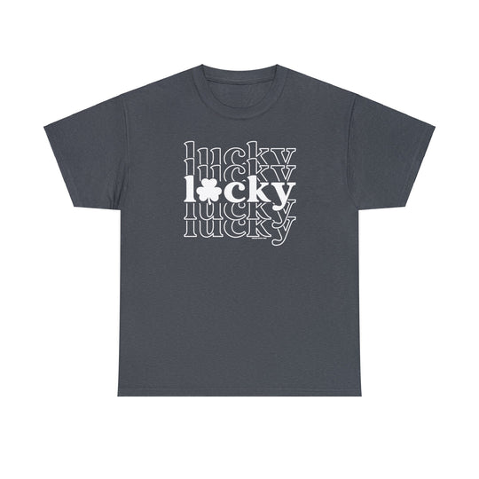 Unisex Lucky Lucky Lucky Tee, grey t-shirt with white text. Classic fit, 100% cotton, medium weight fabric. No side seams, ribbed knit collar, durable tape on shoulders. Sizes S-5XL.