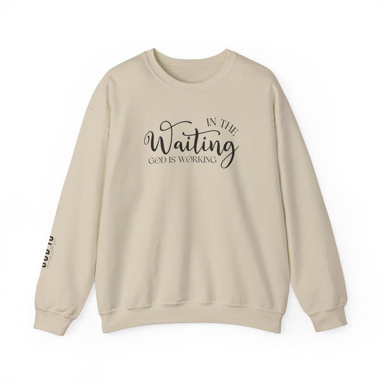 A white crewneck sweatshirt with black text, featuring God is Working Crew design. Unisex heavy blend, ribbed knit collar, no itchy side seams. 50% cotton, 50% polyester, loose fit, medium-heavy fabric.