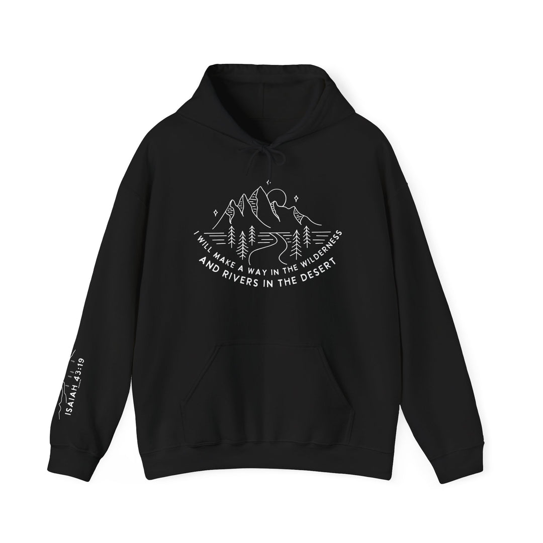A black unisex heavy blend hooded sweatshirt with white text, featuring a mountain and trees design. Made of 50% cotton and 50% polyester, it's warm and cozy, with a kangaroo pocket and matching drawstring.