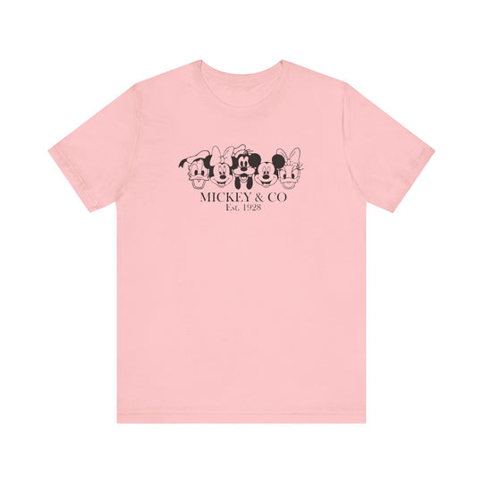 Mickey and CO Tee: A classic unisex jersey short sleeve t-shirt, featuring soft cotton fabric with ribbed knit collars and a crew neckline for a comfortable fit.