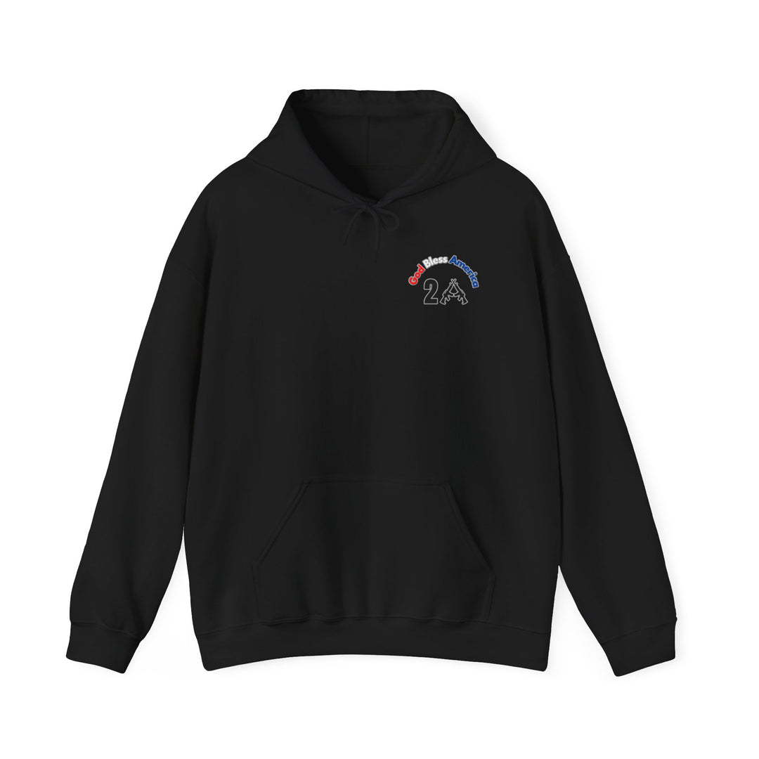 A black God Bless America 2A hoodie, a blend of cotton and polyester, featuring a logo. Unisex, heavy fabric with kangaroo pocket and drawstring. Perfect for warmth and comfort.