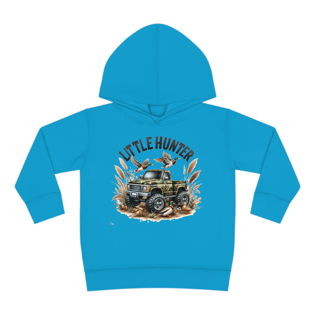 Little Hunter Toddler Hoodie with truck and bird design, jersey-lined hood, cover-stitched details, and side seam pockets for durability and coziness. 60% cotton, 40% polyester, medium fabric. Sizes: 2T, 4T, 5-6T.
