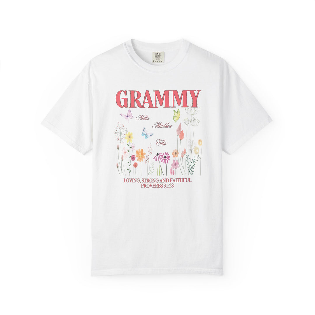 Grammy Tee featuring a close-up floral and butterfly design, showcasing detailed craftsmanship on a soft, durable, 100% ring-spun cotton t-shirt.