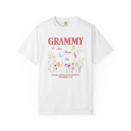 Grammy Tee featuring a close-up floral and butterfly design, showcasing detailed craftsmanship on a soft, durable, 100% ring-spun cotton t-shirt.