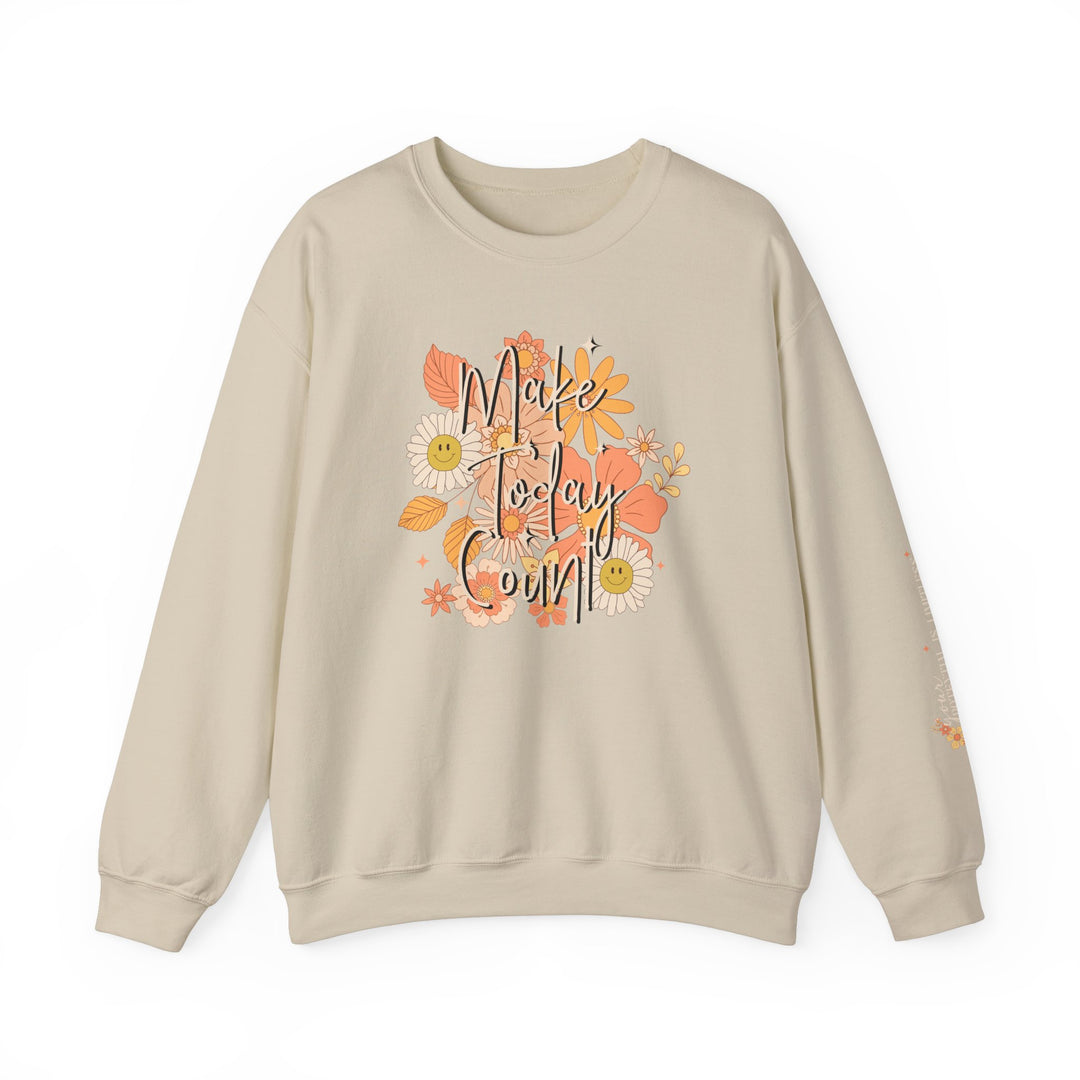 A beige crewneck sweatshirt with a floral design, ideal for any situation. Unisex heavy blend made of 50% cotton, 50% polyester, loose fit, medium-heavy fabric. Make Today Count Crew by Worlds Worst Tees.