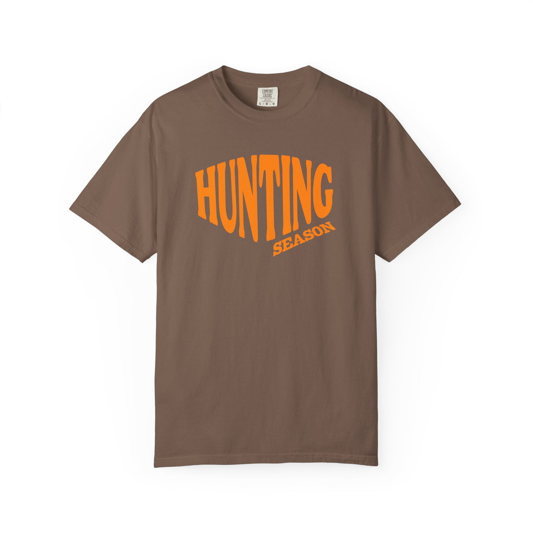 Hunting Season Tee: Brown crew-neck T-shirt featuring bold orange HUNTING and angled SEASON text, showcasing a relaxed fit and durable design for casual wear.