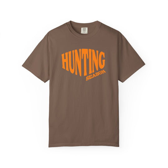 Hunting Season Tee: Brown crew-neck T-shirt featuring bold orange HUNTING and angled SEASON text, showcasing a relaxed fit and durable design for casual wear.