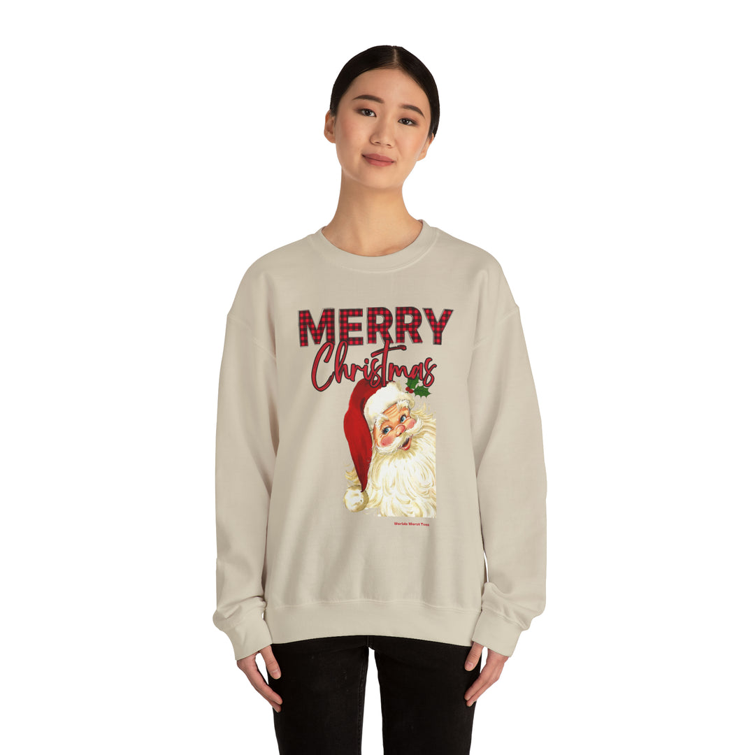 A cozy unisex Christmas Santa Crew sweatshirt, featuring ribbed knit collar and no itchy seams. Made of 50% cotton, 50% polyester blend for comfort. Sizes S-5XL.