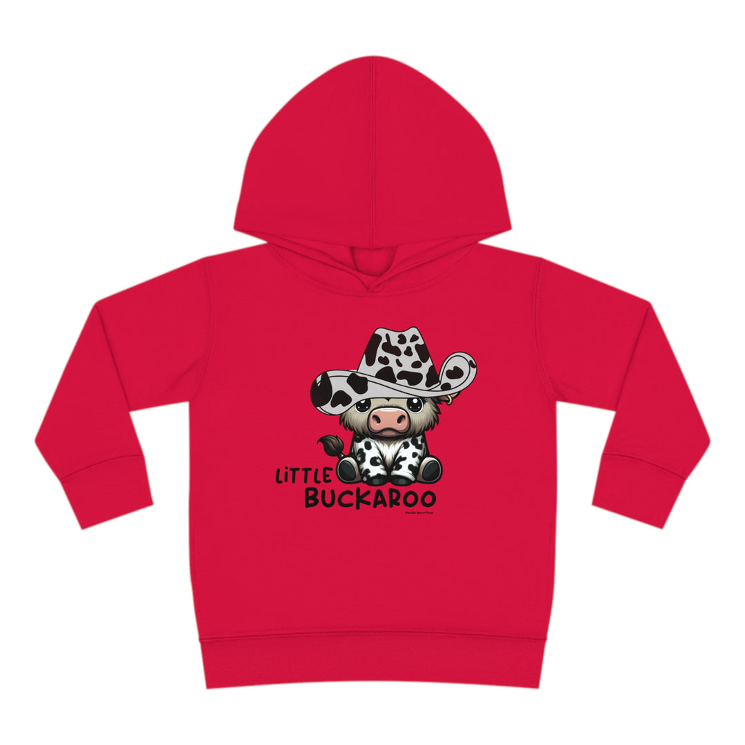 Toddler Buckaroo Hoodie with cow wearing cowboy hat design. Features jersey-lined hood, cover-stitched details, and side seam pockets for cozy durability. Ideal for kids' comfort and style.