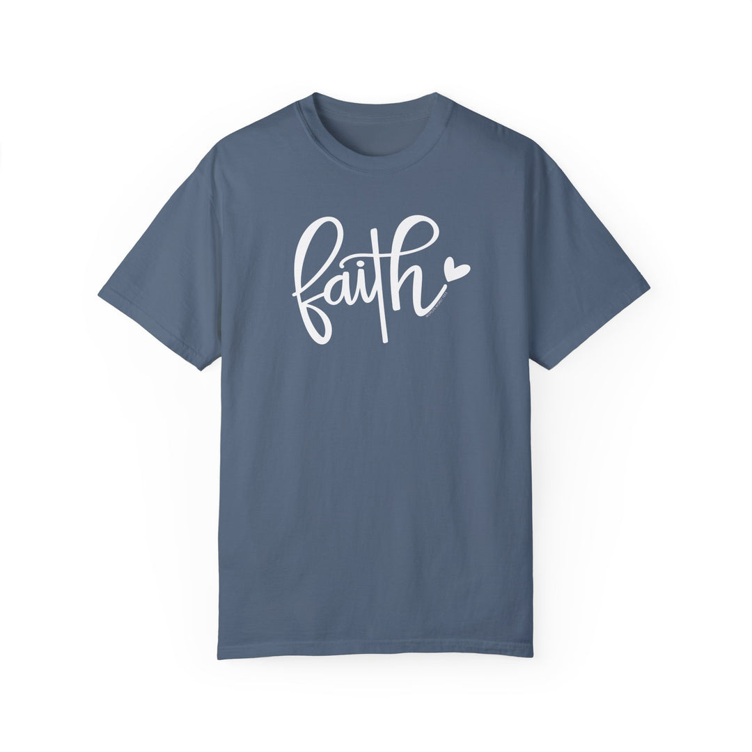 Relaxed fit Faith Tee in blue with white text. 100% ring-spun cotton, soft-washed, durable, and seamless design for comfort. Ideal for daily wear.