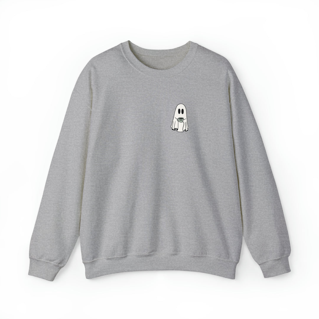 Unisex Ghost Coffee Crew Crew sweatshirt: Grey with ghost cartoon holding a coffee cup. Heavy blend fabric, ribbed knit collar, loose fit, sewn-in label. Ideal comfort for all.