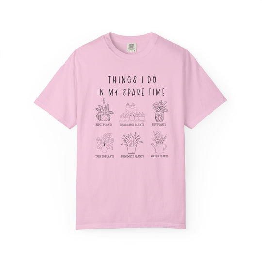 Light-pink Plants Spare Time Tee featuring black plant-lover theme with humorous captions and line-drawings of potted plants. Made from ring-spun cotton for comfort and durability.