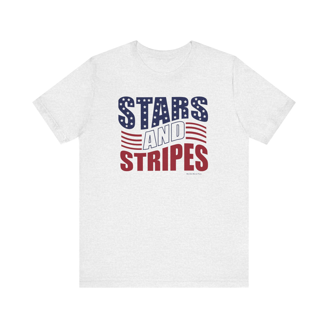 A unisex jersey tee featuring a white base with red and blue text, stars, and stripes. Made of 100% Airlume combed cotton, with ribbed knit collars and taping on shoulders for durability. From Worlds Worst Tees.