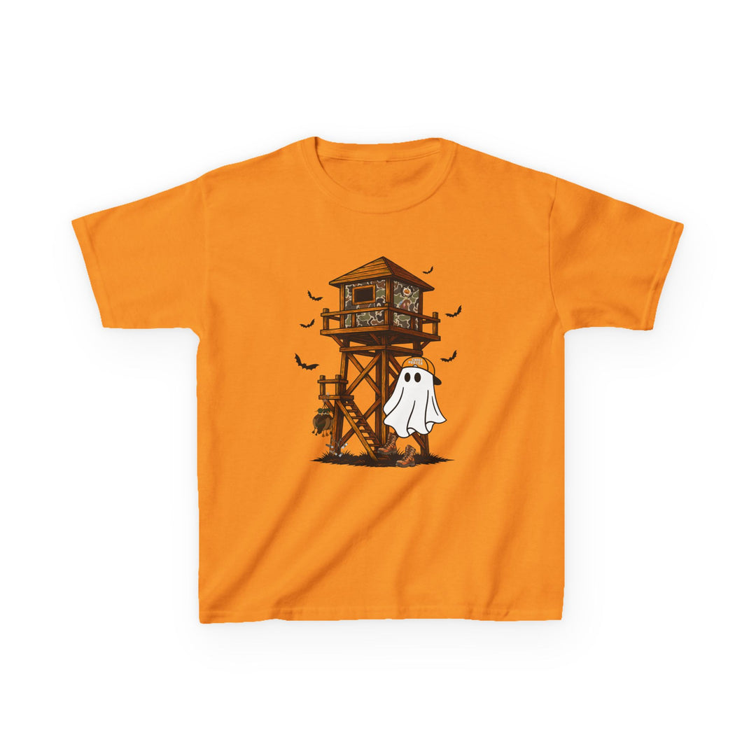 Ghost Hunter Kids Tee features a cartoon ghost in a hunter’s cap by a camo-patterned blind, surrounded by pumpkins, boots, and fluttering bats.