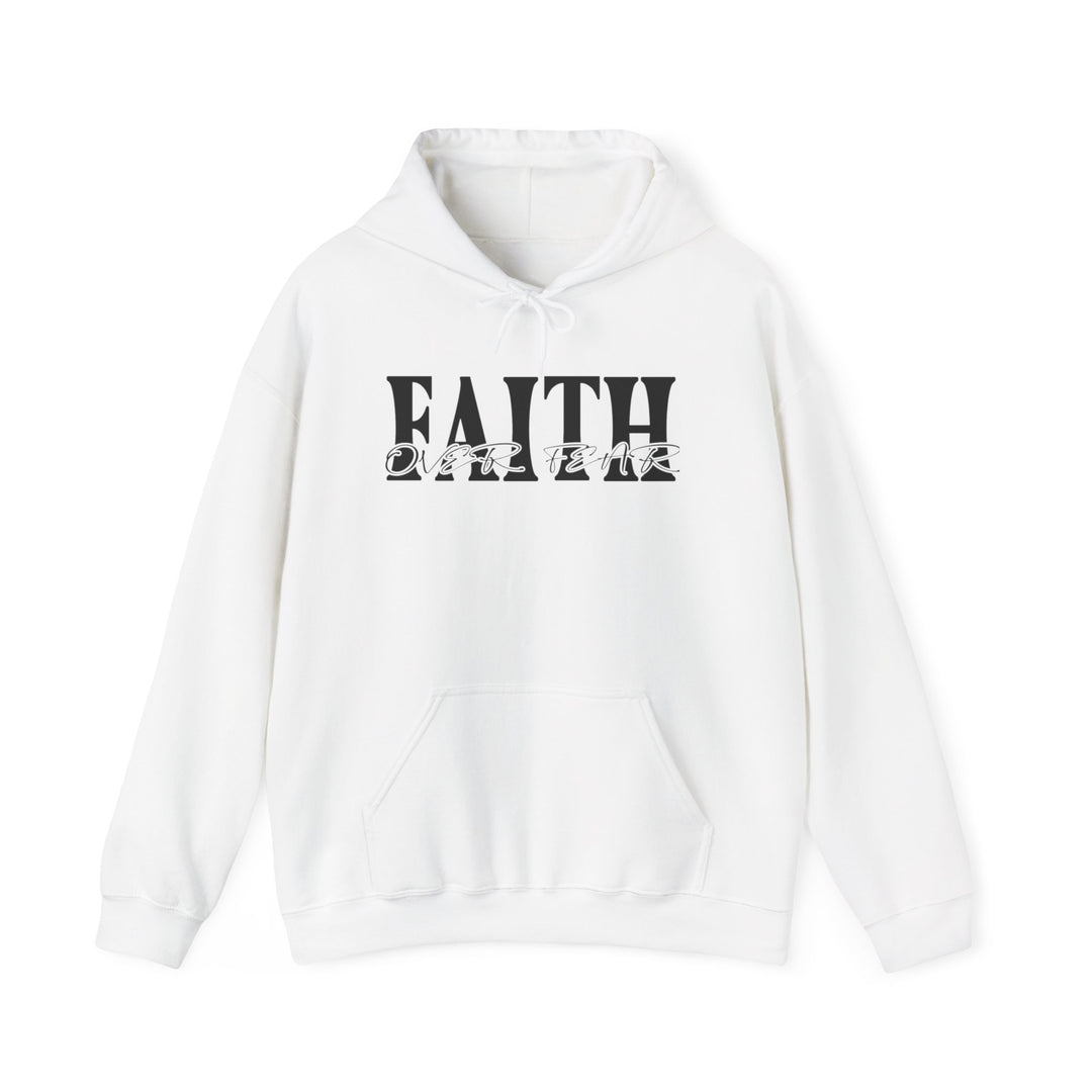A white hoodie with black Faith Over Fear text, featuring a kangaroo pocket and matching drawstring. Unisex heavy blend for warmth and comfort, ideal for chilly days. Classic fit, tear-away label, true to size.