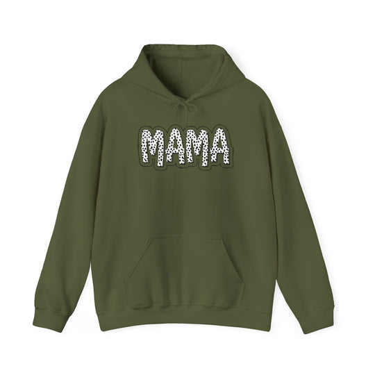 A Mama Print Hoodie, a green sweatshirt with white text, a blend of cotton and polyester, medium-heavy fabric, kangaroo pocket, classic fit, tear-away label, true to size.