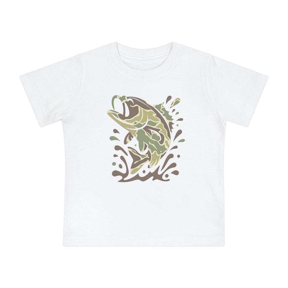 Camo Fish Baby Tee: A youth-sized white T-shirt featuring a stylized bass graphic leaping with water splashes in camo green and brown tones, ideal for comfort and durability.