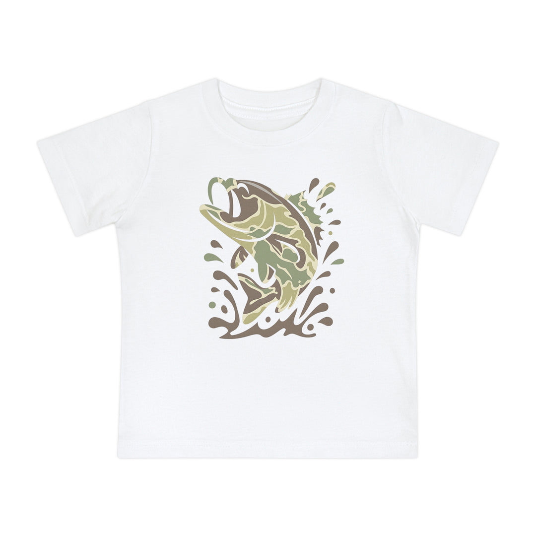 Camo Fish Baby Tee: A youth-sized white T-shirt featuring a stylized bass graphic leaping with water splashes in camo green and brown tones, ideal for comfort and durability.
