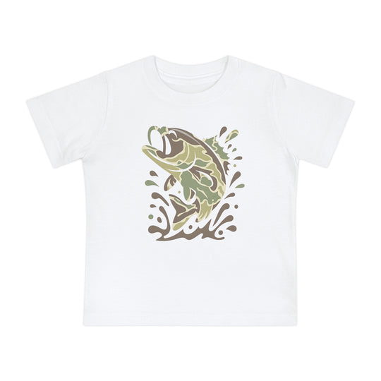 Camo Fish Baby Tee: A youth-sized white T-shirt featuring a stylized bass graphic leaping with water splashes in camo green and brown tones, ideal for comfort and durability.