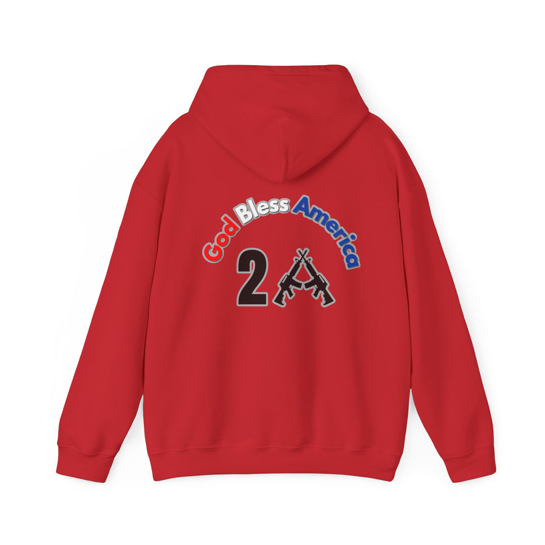 A red God Bless America 2A hoodie, a blend of cotton and polyester, featuring a kangaroo pocket, drawstring hood, and no side seams. Unisex, heavy fabric for warmth and comfort.