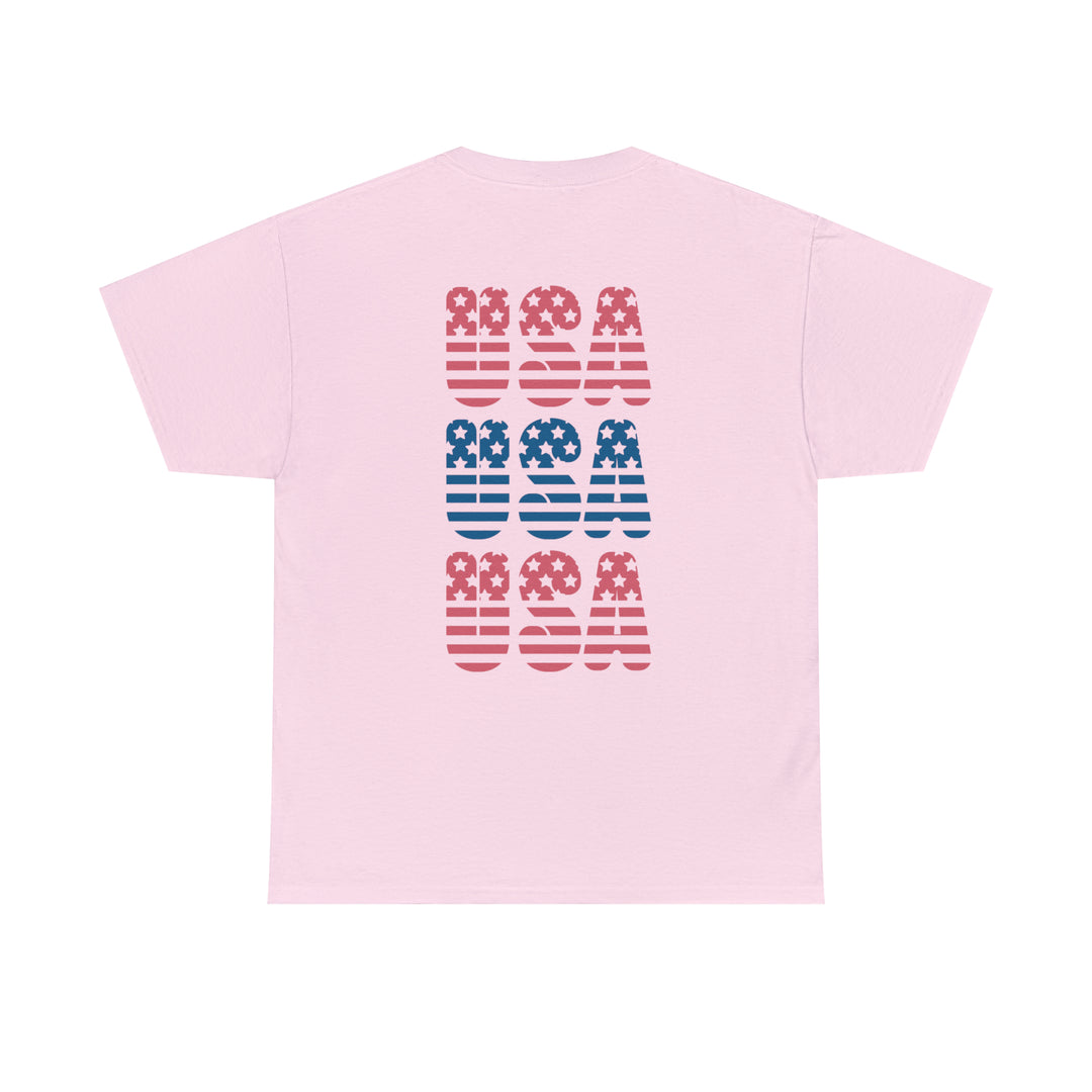 Unisex USA USA USA Tee, featuring a pink shirt with red and blue stripes, stars, and a flag design. Classic fit, 100% cotton, ribbed knit collar, and durable tape on shoulders. Sizes S to 5XL.