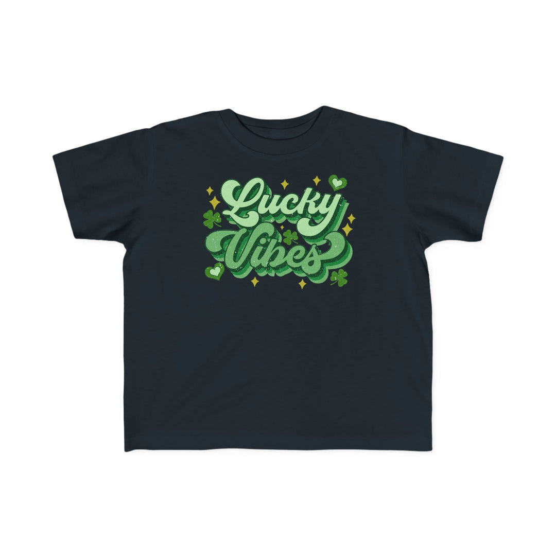 Good Day Lucky Day Toddler's Tee featuring green text and a four-leaf clover on a durable black fabric, perfect for toddler's sensitive skin.